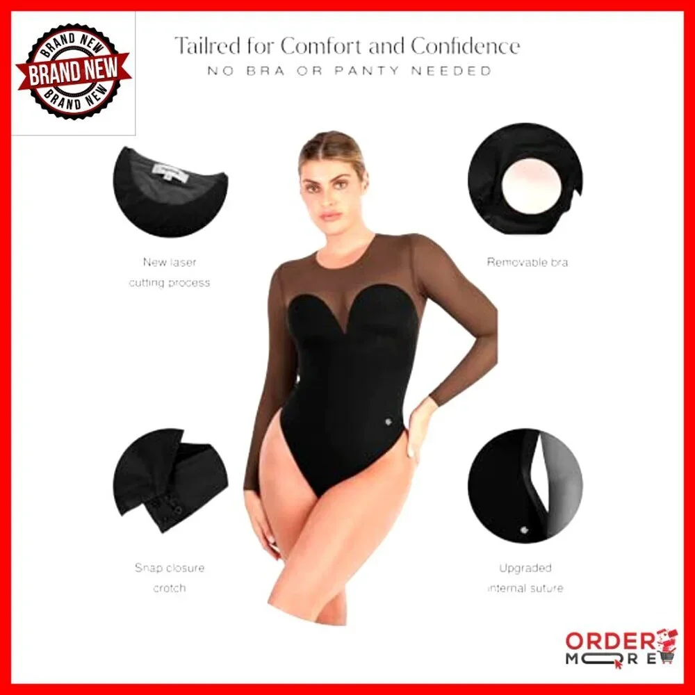 Long Sleeve Mesh Bodysuit Tummy Control Shapewear Fall Outfit Top
